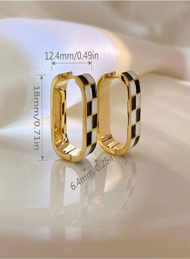 GLMOCM Checkered Hoop Earrings for Women Enamel Oval Hoop Earrings Small Hoop Cartilage Earrings Black and White Earrings for Women Men Jewelry (Black and white) - Image 4